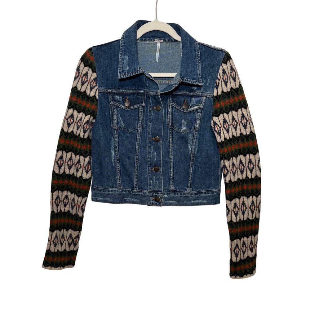 Free People Denim Jacket S/P Southwestern Wool Sleeves Boho Chic Distressed